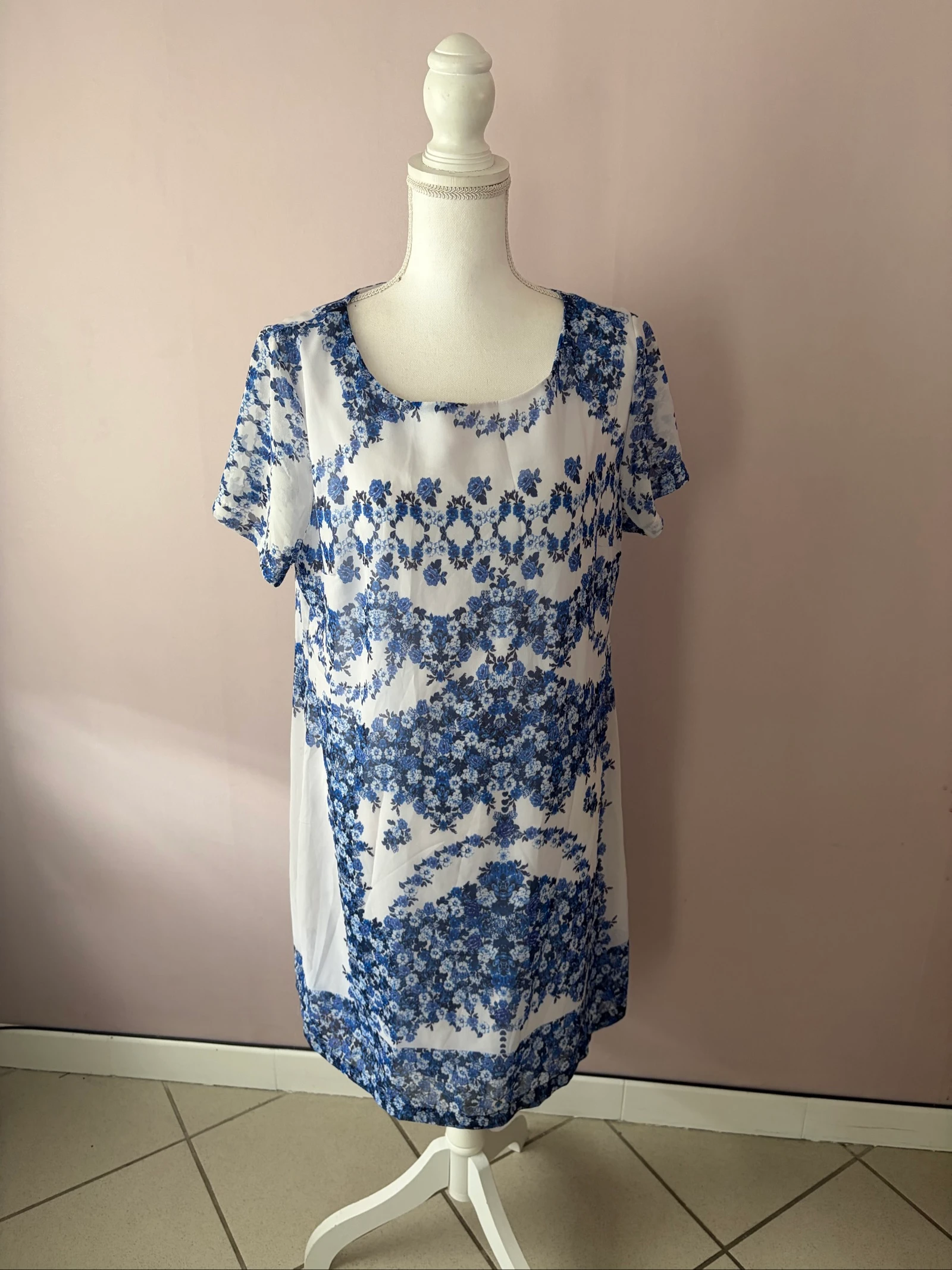 Robe Fluide Imprimé Floral Bleu & Blanc Nina Kalio - Taille 46 - TBE